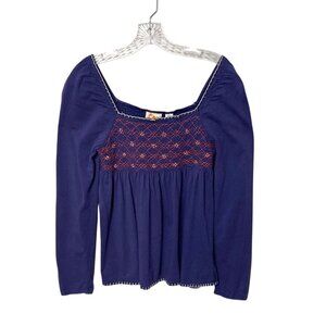 Anthropologie C. Keer Boho Embroidered Smocked Blurple Peasant Blouse Size Small